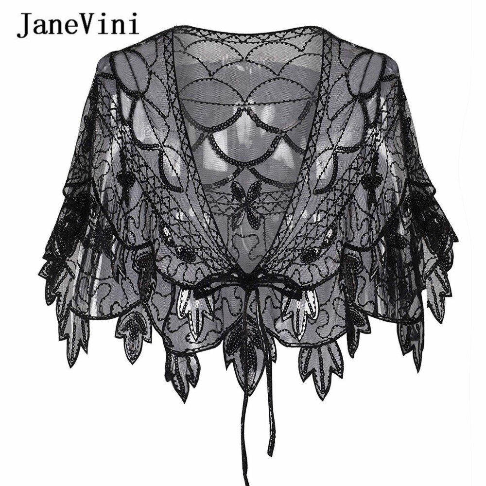 JaneVini Black Handmade Sequined Beaded Wedding Shawls Wraps Bridal Bolero Short Cape Cloak Women Party Accessories