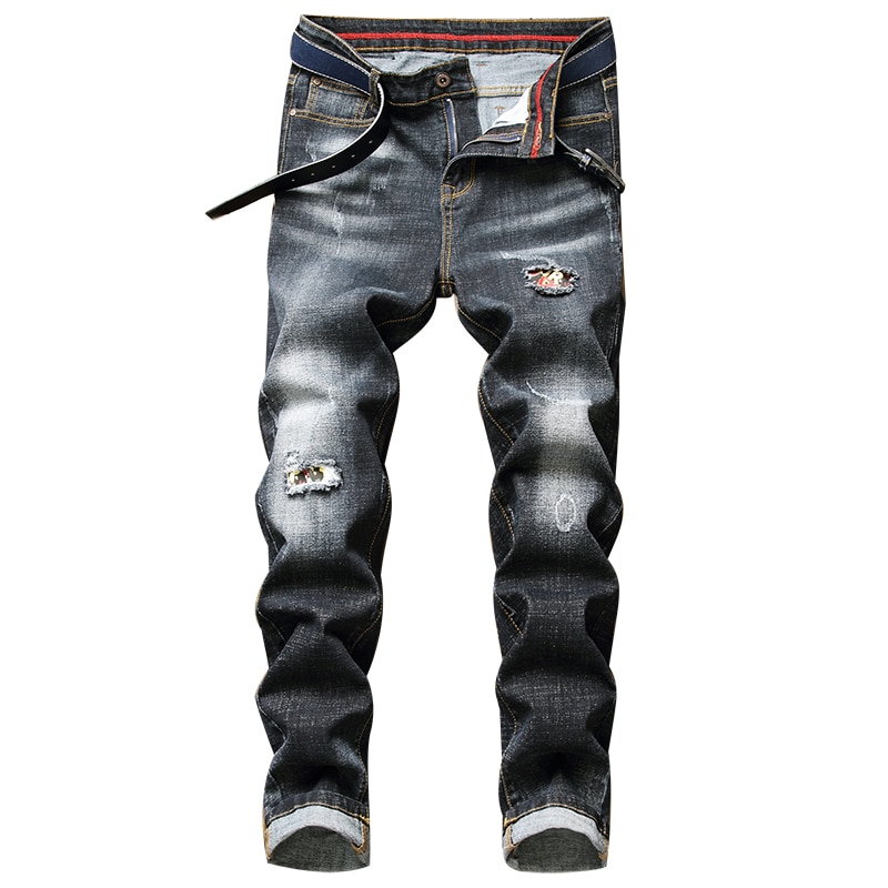 Mannen Zwart En Grijs Gescheurde Jeans Lente Mode Regular Fit Stretch Jeans Mannelijke Broek