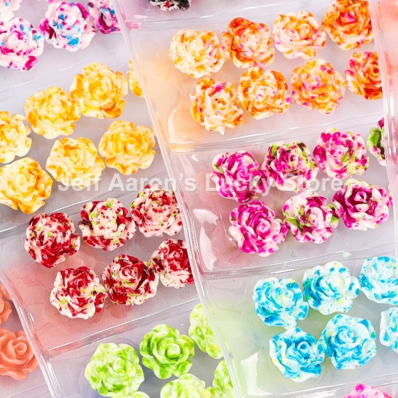 Blandet stil negler harpiks rose blomster cabochons cameo baseinnstilling 6mm 3d turkise rose blomster neglekunst dekorasjon tilbehør