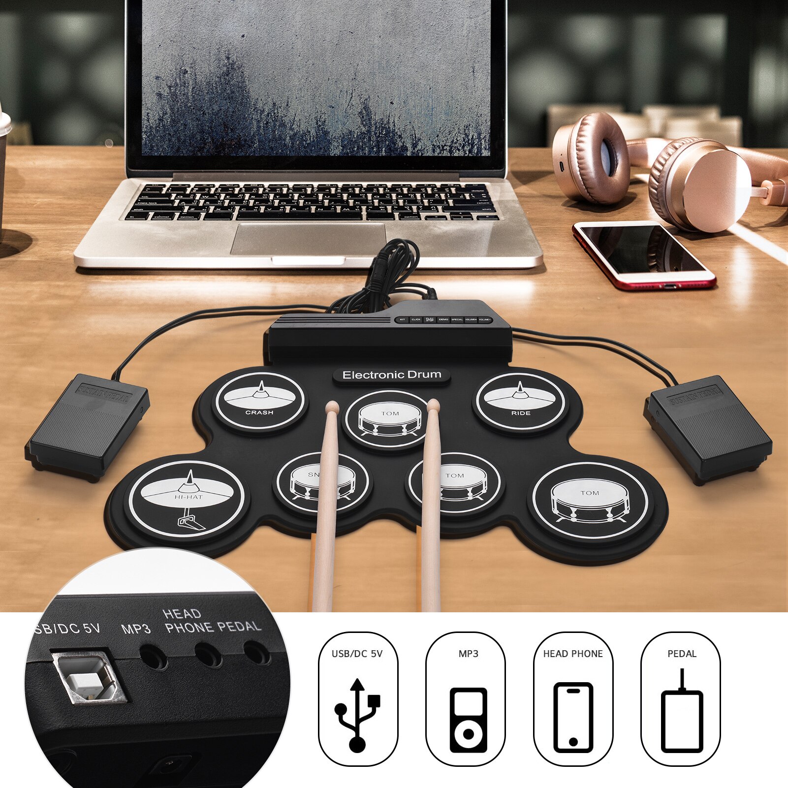 Drum Electronic Drum Set Compact Size USB Folding Silicon Drum Pad Digital Electronic Drum Kit 7-Pad with Drumsticks Foot Pedals