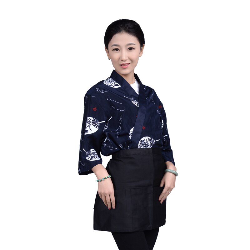 Unisex Japanese Style Food Service Sushi Chef Jacket Kitchen Work Wear Uniform Print Cook Tops Oblique Collar Breathable Kimono