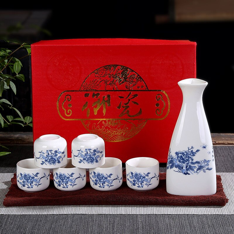 1 Hip Flask 6 Wine Glasses Chinese Traditional Ceramic Tea Wine Set Eco-Friendly Ceramic China (Bar Sets: mudan