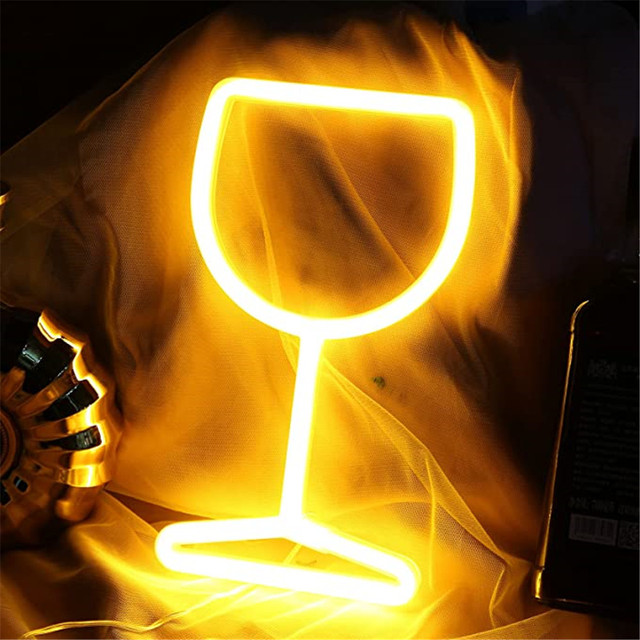 Enseigne lumineuse LED en verre de vin, néon, bol à vin, lampe murale suspendue, veilleuse lumineuse, USB, Bar à piles, de décoration pour la saint-valentin: warm white