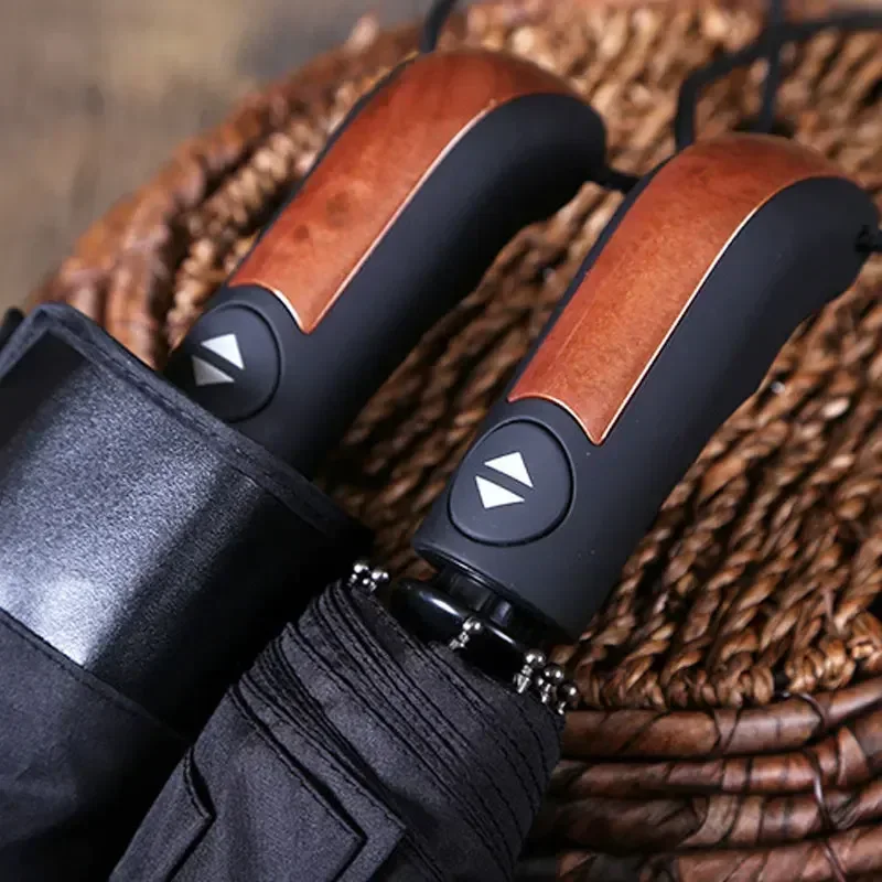 British Leather Handle Umbrella Men Automatic Business 10Ribs Strong Windproof 3 Folding Big Umbrella Rain Woman Parasol: Red
