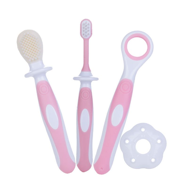 Baby toothbrushes Set Tongue Training Safety Cover Soft Healthy Infant Brushing Teeth: Pink