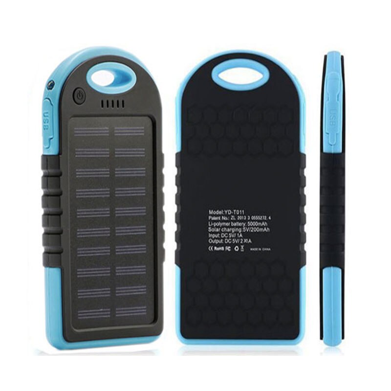 Outdoor Camping Waterproof 5000mah Portable Solar Battery Phone Charger: 1LED-BlackBlue