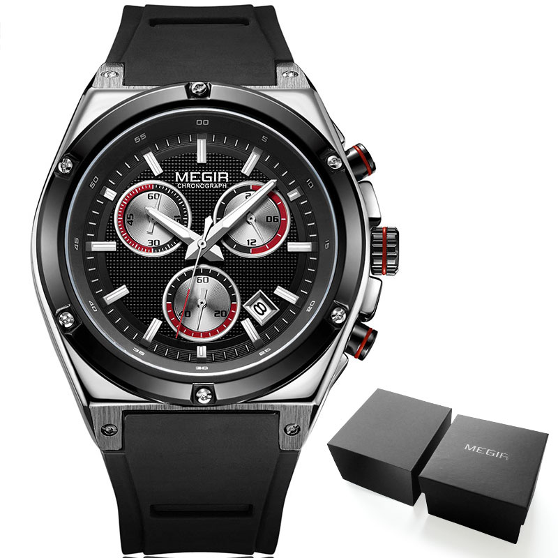 Megir Mannen Zwarte Siliconen Sport Quartz Horloges Lichtgevende Relojios Relojes Waterdicht Chronograaf Klok Montres Q2073G-BK-1: MN2073G-Silver-Black