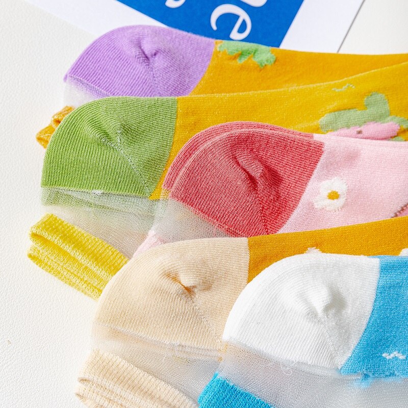 Calcetines transparentes de corte bajo para mujer, medias suaves finas y transpirables de dibujos animados, de Color caramelo, 5 pares