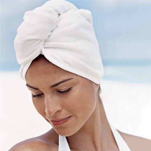Newest Turbie Quick Drying Hair Towel Twist Wrap Loop Button Hat Cap Turban Solid Shower Bath Caps: White