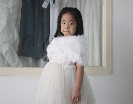 Child faux fur wrap Pearl shrug White Flower girl Shawl 6 years old Wraps Winter wedding shrugs Bolero Coat faux fur cover up