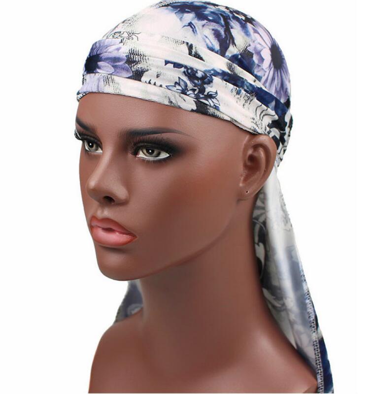 Turbante con estampado de flores para hombre, Bandanas sedosas, diadema de seda, gorros con ondas florales, turbante, accesorios para el cabello,