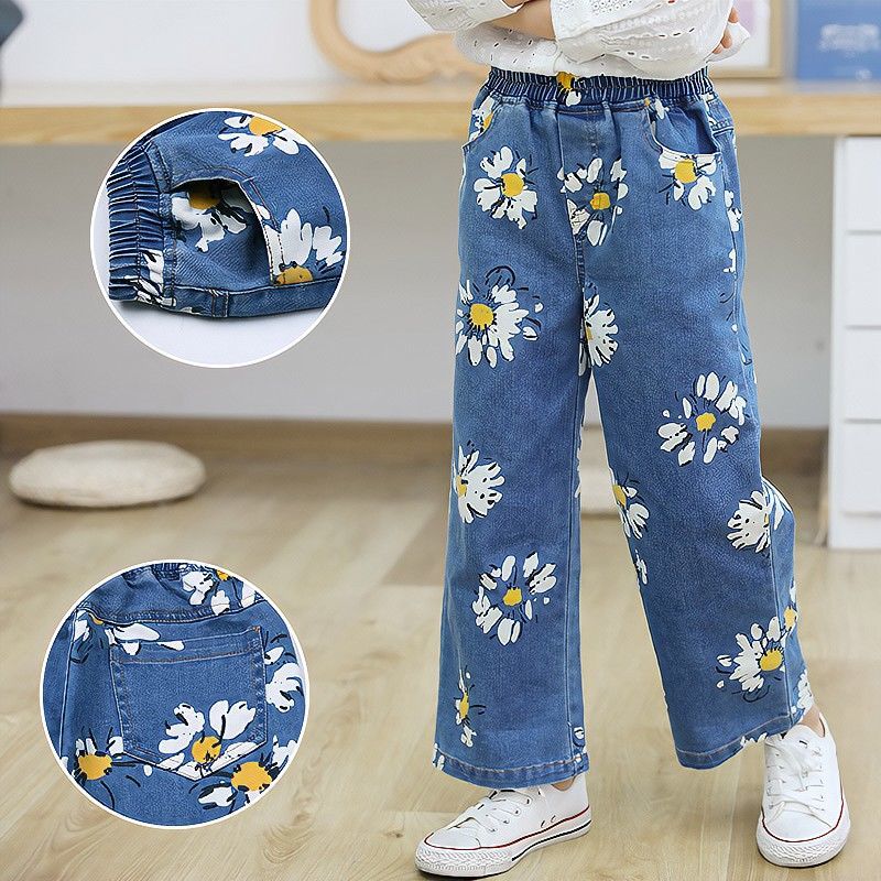 2021 primavera autunno bambini ragazze Jeans stampa floreale Jeans pantaloni gamba larga ragazze moda ragazze pantaloni bambini vestiti Casual per ragazze