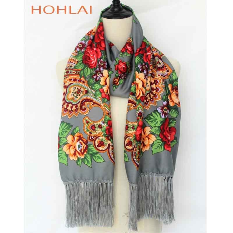 Foulard Long Femme à Franges - Imprimé Floral - Mélange Coton - Plus de 175cm: Gris
