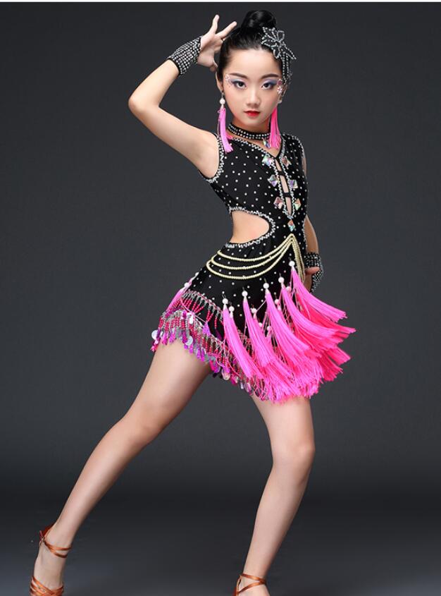Fringe Girls Competition Latin Dance Dress Black Ballroom Dance Costume Modern Dance Clothes Stage Party Festival