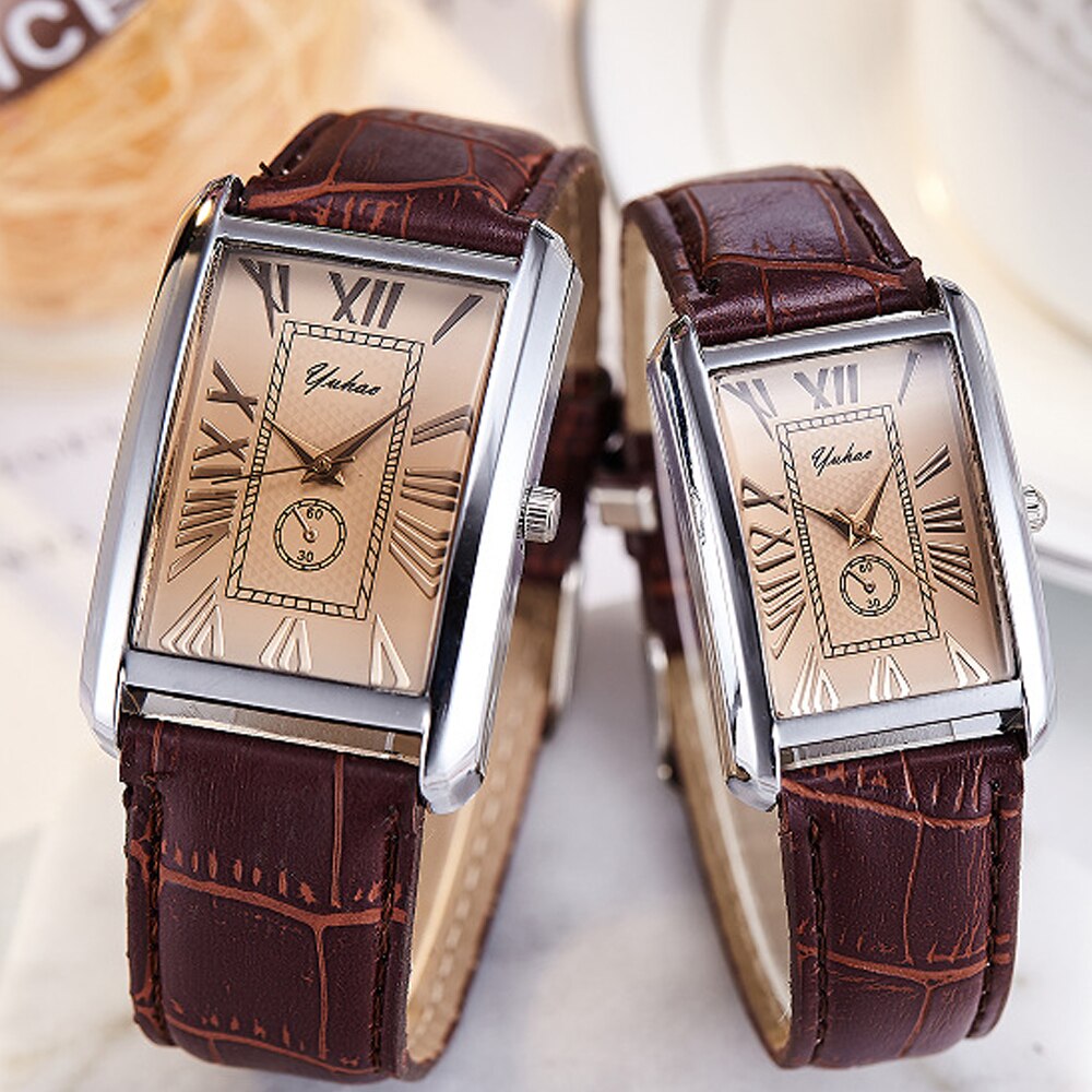 Mode Vierkante Paar Horloge Romeinse Cijfers Eenvoudige Stijl Paar Horloge Mannen En Vrouwen Casual Lederen Band Quartz Horloge Paar