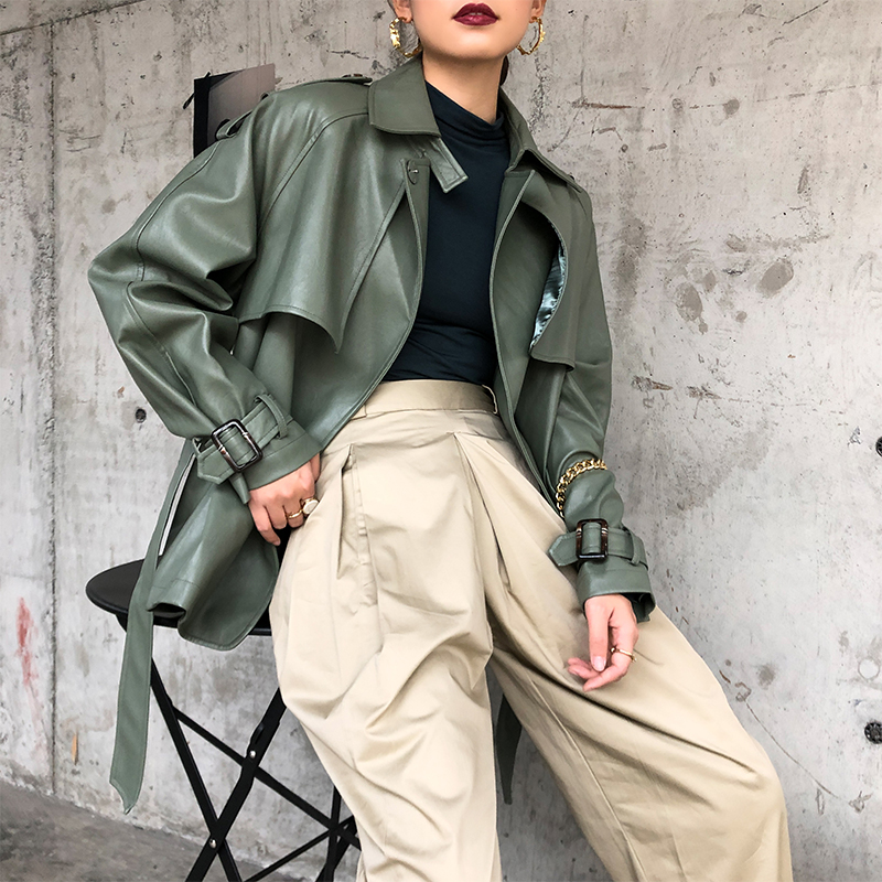 Fitaylor Spring Autumn 2022 PU Leather Jacket Casual Female Streetwear Outwear Jackets Women Faux PU Leather Belt Coat