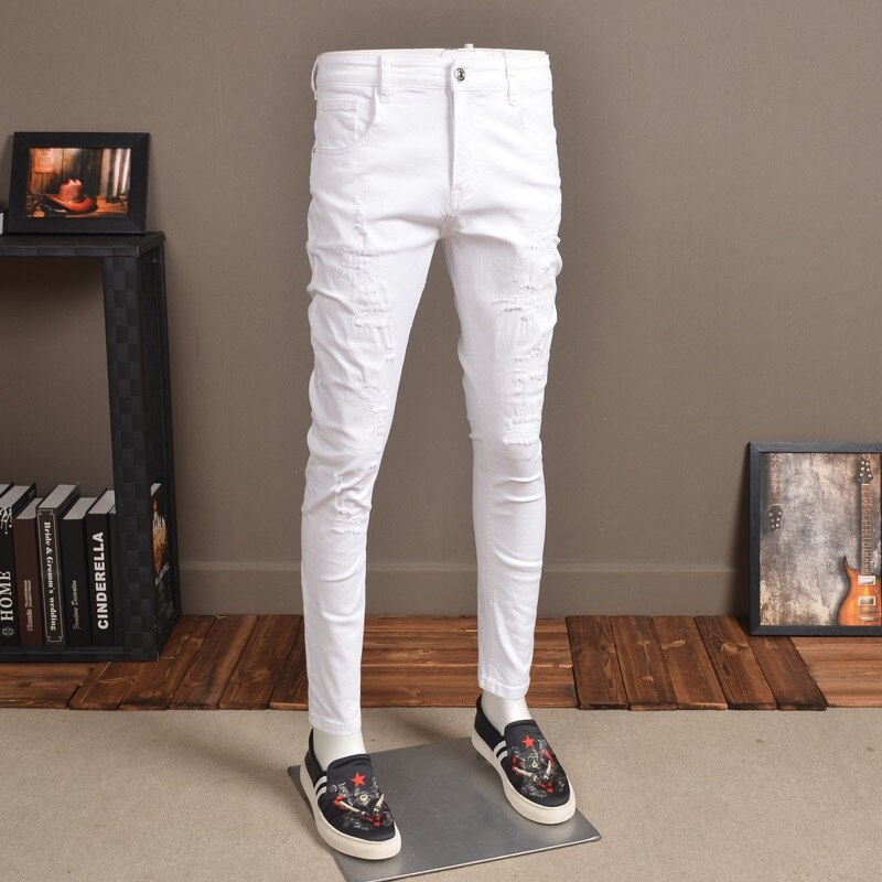 Men Skinny Jeans Streetwear Elastic White Distressed Pants for Cowboys: Ripped / 30
