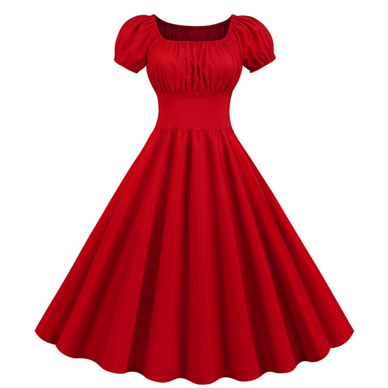 Women Vintage Dress Robe Party Casual Office Midi Dress Femme Summer Puff Sleeve Square Collar Solid Red