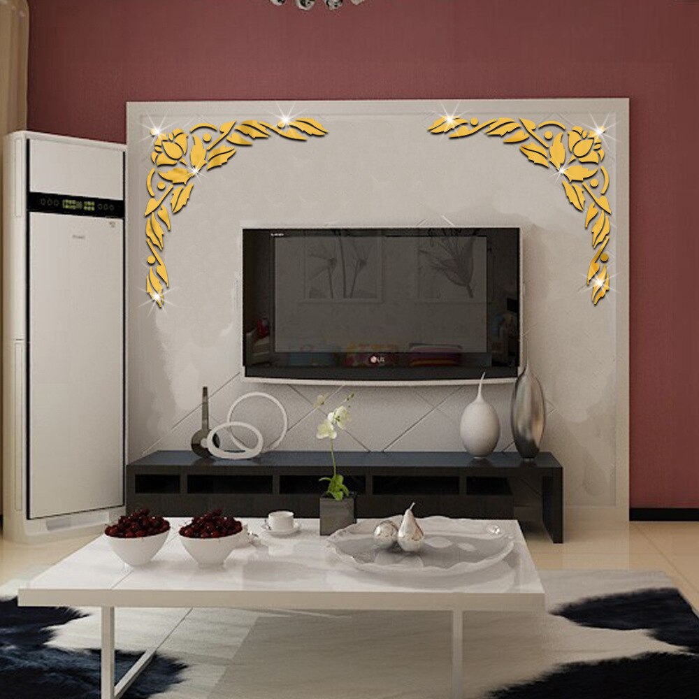 2 pièces TV fond mur coin décoration acrylique miroir autocollants papier peint salon décor à la maison accessoires: Or