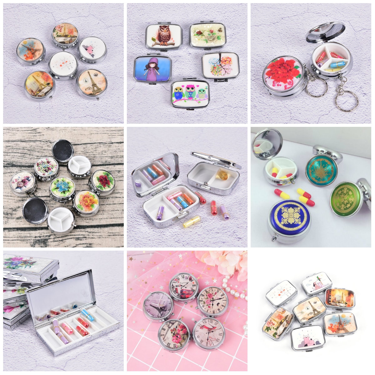 1PCS Portable Metal Round Flower Print Organizer Cute Compartment Pill Case Storage Tablet Container Medicine Box