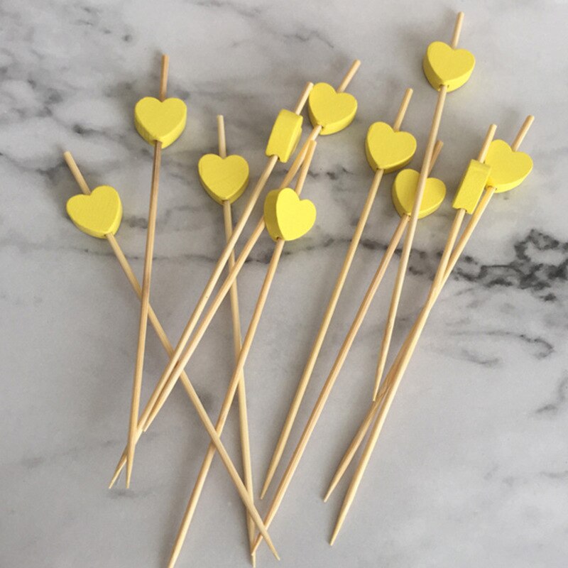 100 Pcs 12mm Love Fruit Sticks Disposable Platter Sushi Cocktail Snack Bamboo Sticks: 100pcs yellow
