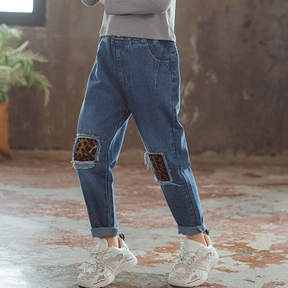 Jeans til piger leopard piger jeans bukser med hul efterår jeans børn casual stil tøj til piger 6 8 10 12 14