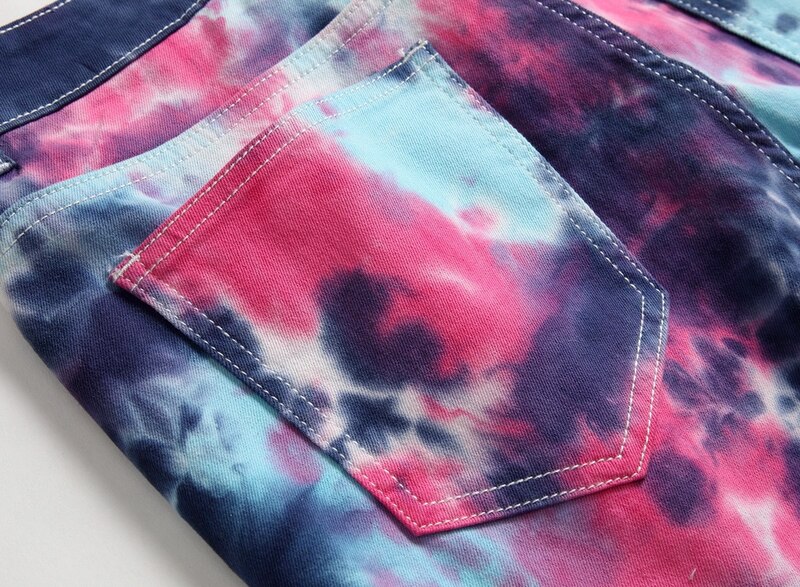 Men's Tie and Dye Stretch Denim Jeans Trendy Fancy Colored Purple Printed Pants Trousers