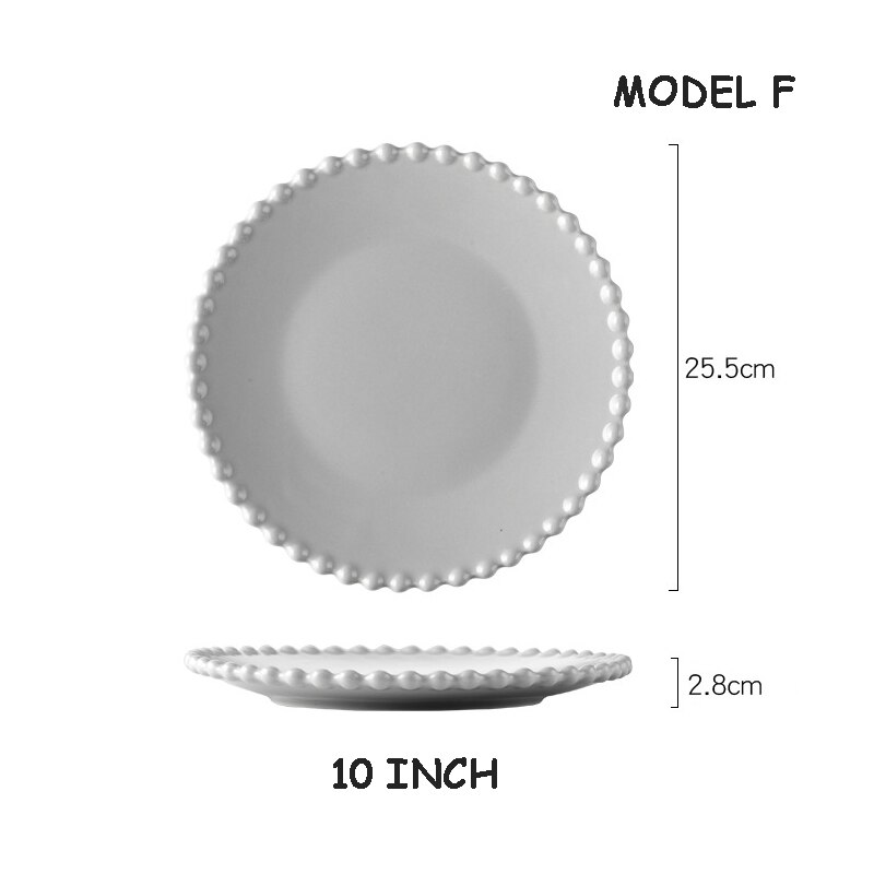 Nordic Pearl-Rim Plate Ceramics Dinnerware Set Steak Flat Tray Dessert Plate Salad Bowl Beaded Tableware Round Shape: F