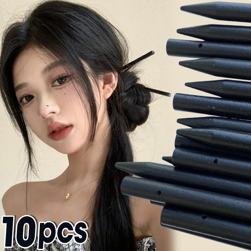 1/10pcs Black Wooden Hair Sticks Scrunchie Pack for Women Hair Styling Bridal Hair Bun Claws Pins Hairbands Ponytail Holders