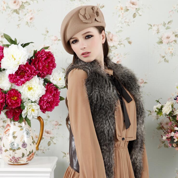 100%  uld baret vinter baretter kvinder vinter filt baret blomster kvinder følte fransk baret beanie fedora hat beanie vinter blomst