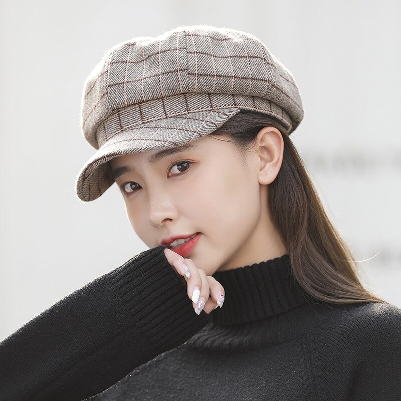 Women Wool Cotton Blend Berets Winter Autumn Octagonal Beret Caps Stylish Artist Painter Hats Classic Lattice Beret Hat