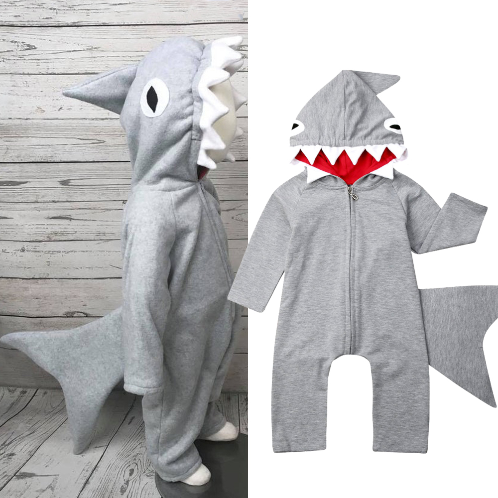 Herbst Winter Kinder Baby Jungen Shark Hoodies Kostüm Lange Ärmel Reißverschluss Strampler Overall Kleinkind Infant Jungen Kleidung Outfits