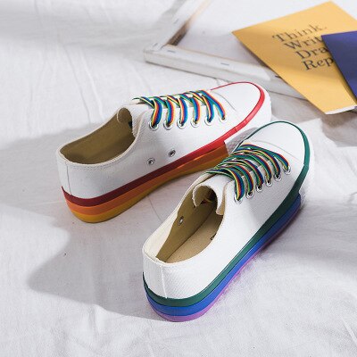 Xmwrlw regnbue hvide sko kvinder lærred sneakers med farve blonde sko forår kvindelige flade sneakers kvinder sko: Hvid / 38