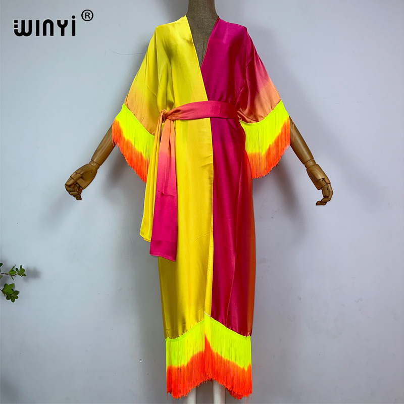Winyi Kimono Cover-Ups Zomer Boho Geleidelijke Franje Print Bikini Cover-Up Mode Vest Sexy Kwastjes Maxi Jurk