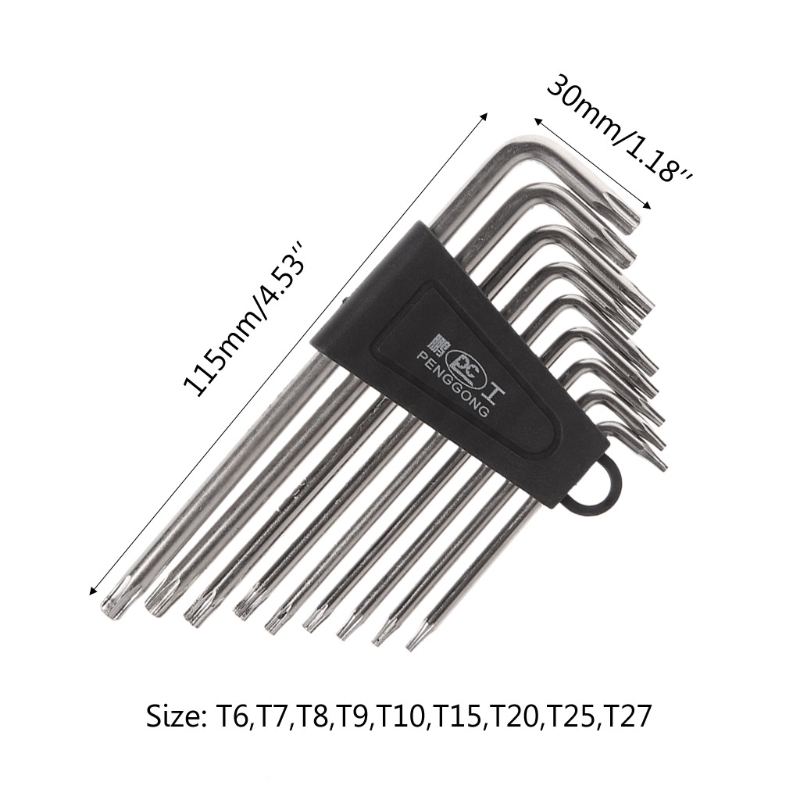 9PCS L-shape Hex key Set Torx Star Hex Wrench Tool Set with Holes Hardware Tool Kit - Silver + Black Clip T6,T7,T8,T9,T10,T15,T2
