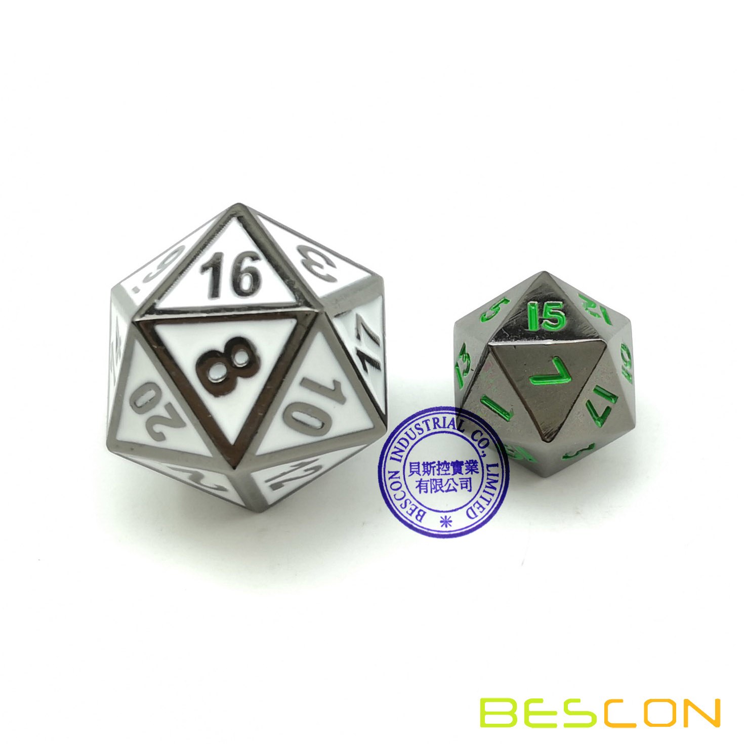 Bescon 10 Mm Mini Solide Metalen Dobbelstenen Set Glossy Metallic Oppervlak Met Groene Nummers, mini Metalen Polyhedral D & D Rpg Dobbelstenen 7-Set