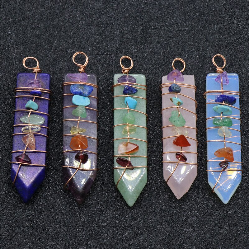 Reiki Handmade Wrap Pendulum 7 wisiorki czakry uzdrawiający kryształ naturalny klejnot kamień ametysty lazuryt Point miecz wisiorki