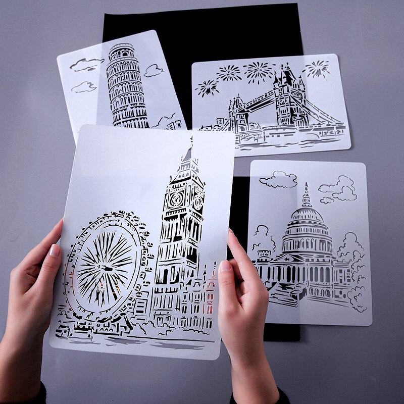 Szablon do wytłoczeń punktowych Pre Tracing linijka wieża eiffla Big Ben Spray/ściany ręcznie malowanie szablony DIY Scrapbooking dekoracja albumu