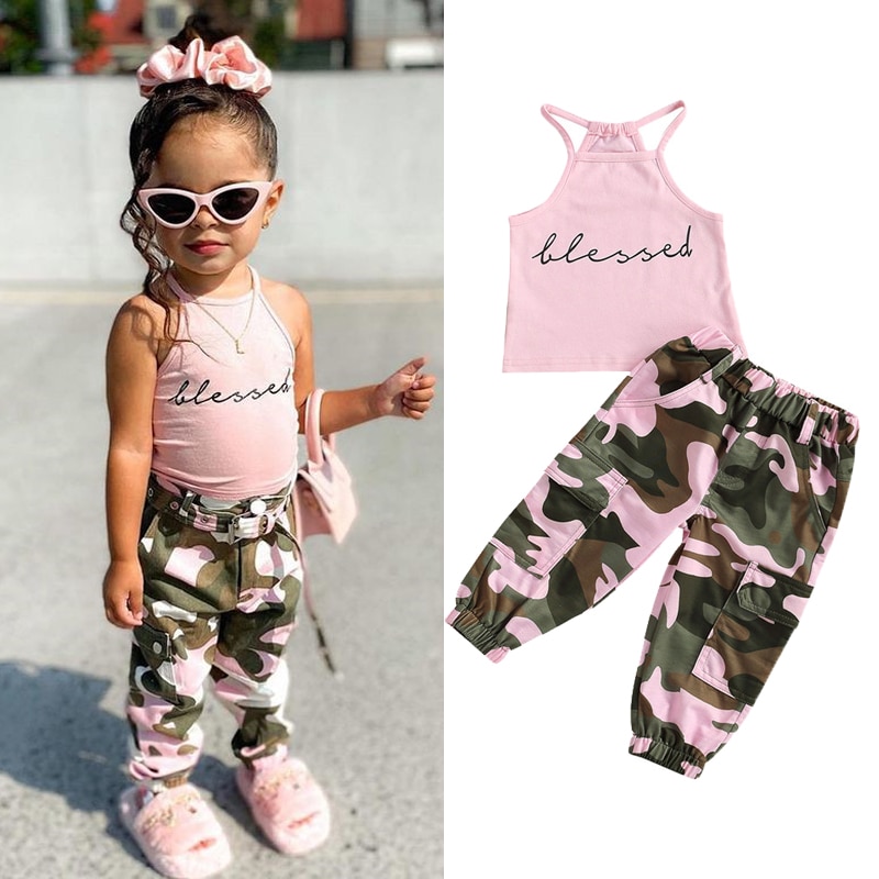 Sport 1-6y småbørn børn baby pige tøj 2 stk outfits ærmeløs t-shirt+camouflage bukser sommer bomulds sæt