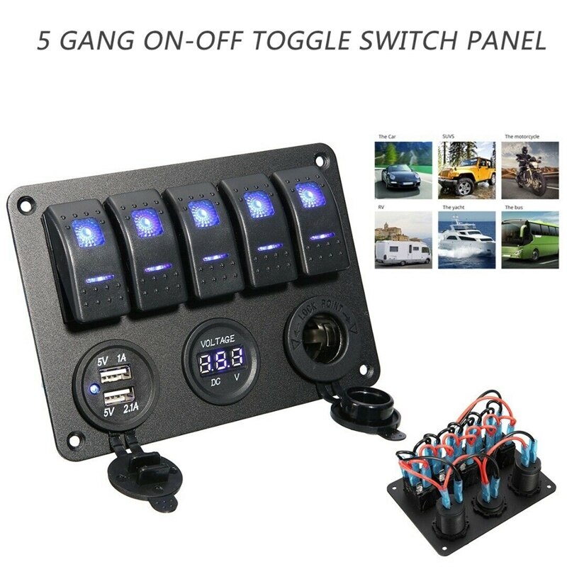 Panel de interruptor de palanca de 5 entradas, 12V, 2 USB, compatible con coche, barco, caravana, camión