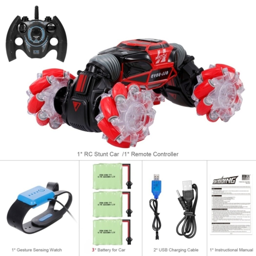 RC Stunt Car 4WD Watch Gesture Sensor Control Deformable Electric Car All-Terrain Transformable Car Auto-demo for Kids: Red 3 Batteries