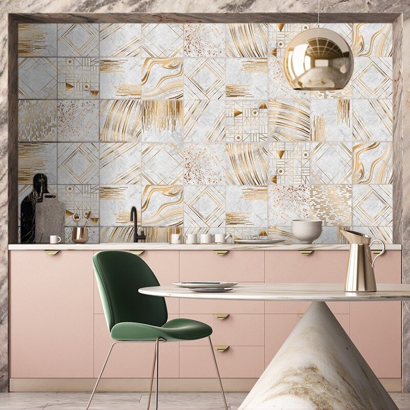 10Pcs Retro Geometric Metal Surface Tiles Sticker Transfers Covers for Kitchen Bathroom Tables Floor Hard-wearing Art Wall Decor