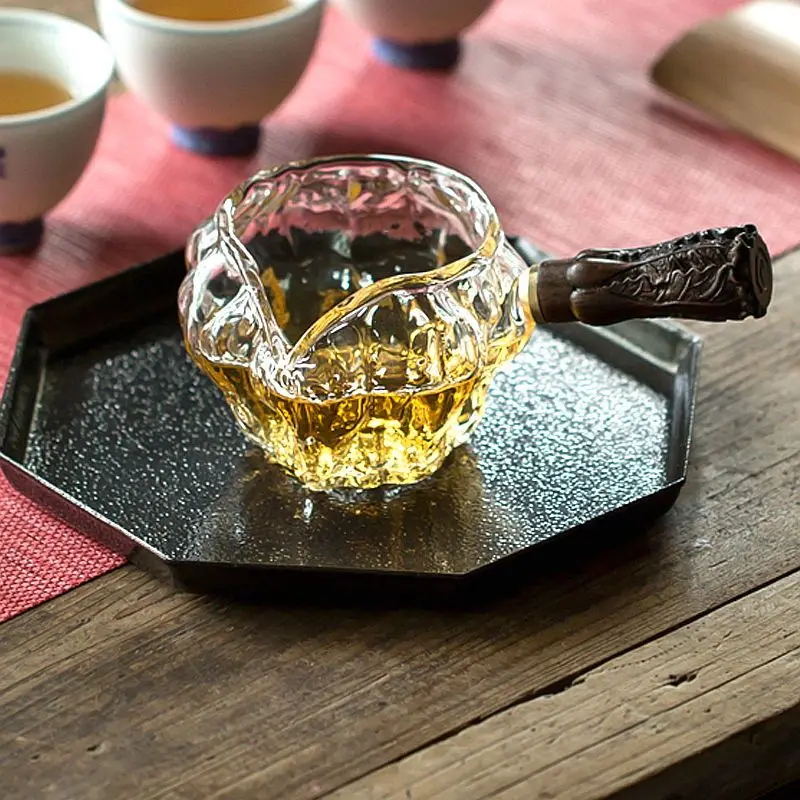 Decantador de jarra para servir té de vidrio, mango de madera, jarra de té chino Gongfu Chahai, taza de té de vidrio, cafetera y leche