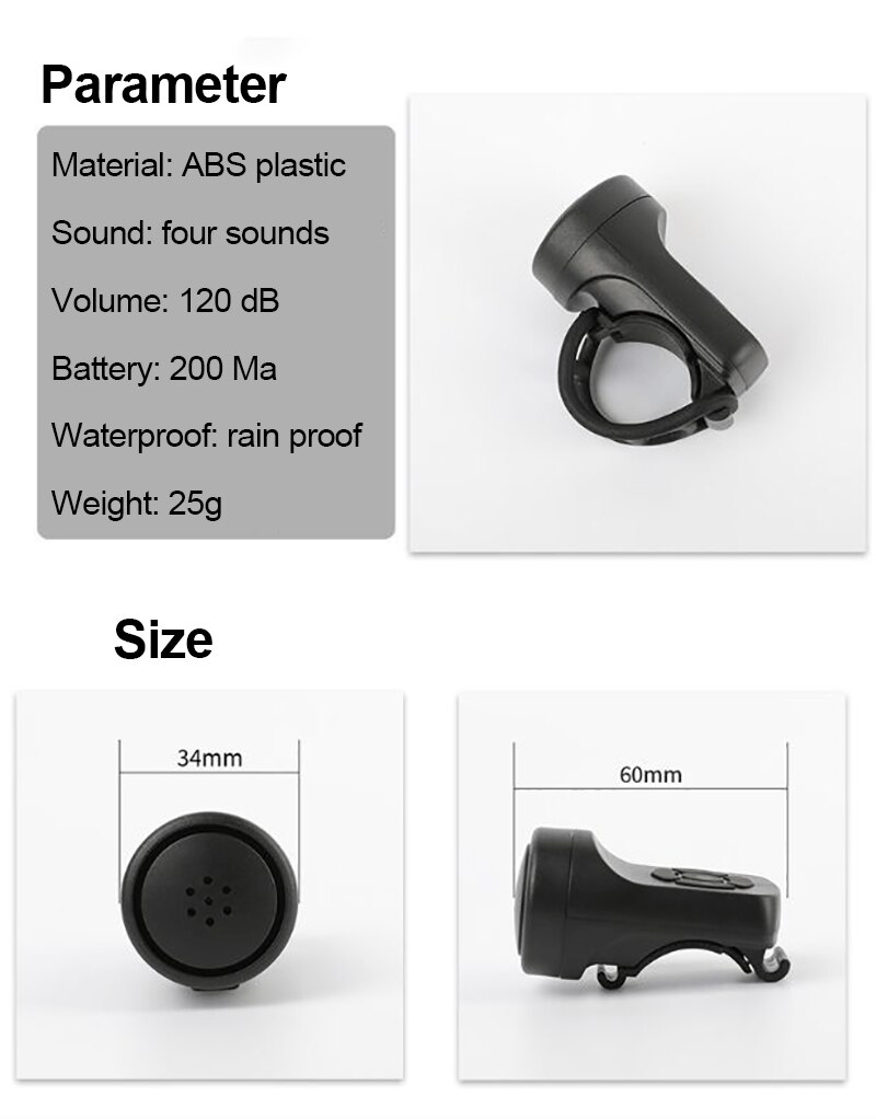 Timbre para bicicleta eléctrica de 120 DB, claxon superfuerte con carga USB, cuatro voces, accesorios para bicicleta de montaña, antitormenta