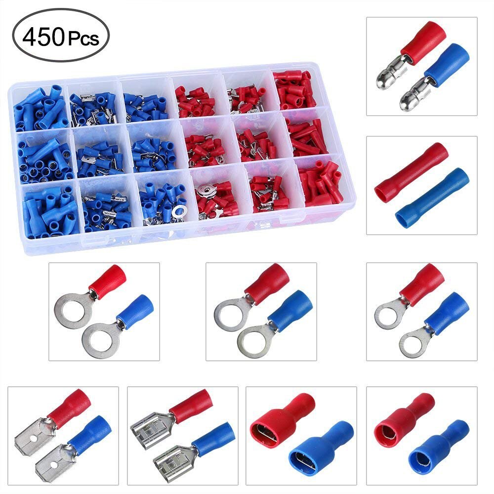 450 st isolerad kabelkontakt elektrisk ledning assorterad crimp spade butt ring gaffel set ringöglor rullade terminaler kit: Default Title