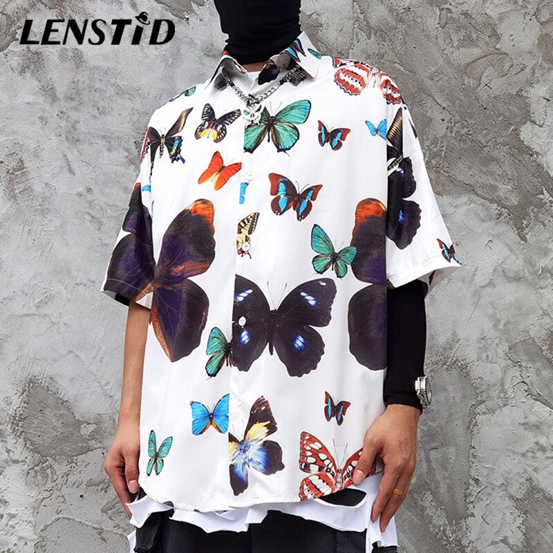 LENSTID Mens Hip Hop Butterfly Printed Hawaiian Shirt Harajuku Streetwear Beach Shirt Summer Short Sleeve Oversize Shirts