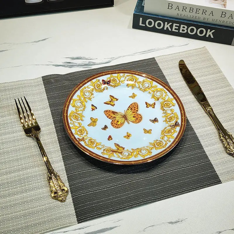 European Butterfly Tableware Set, Steak Plate, Noodle Bowl, Soup Bowl, Rice Bowl, Spoon Decoration,: grey