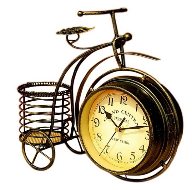 Retro vintage dobbeltsidet bronze metal cykel ur antik look cykel ur ikke-tikkende skrivebord bord reol hylde ur