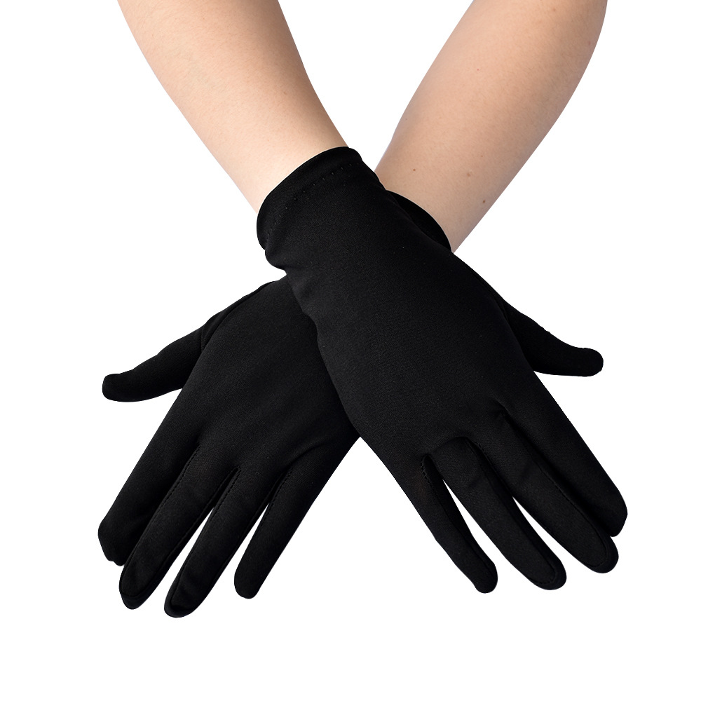 Lady Girl Short Finger Wrist Satin Gloves Evening Party Prom Costume Milk Stretch Gloves Etiquette Finger Mittens Cosplay Gloves: black