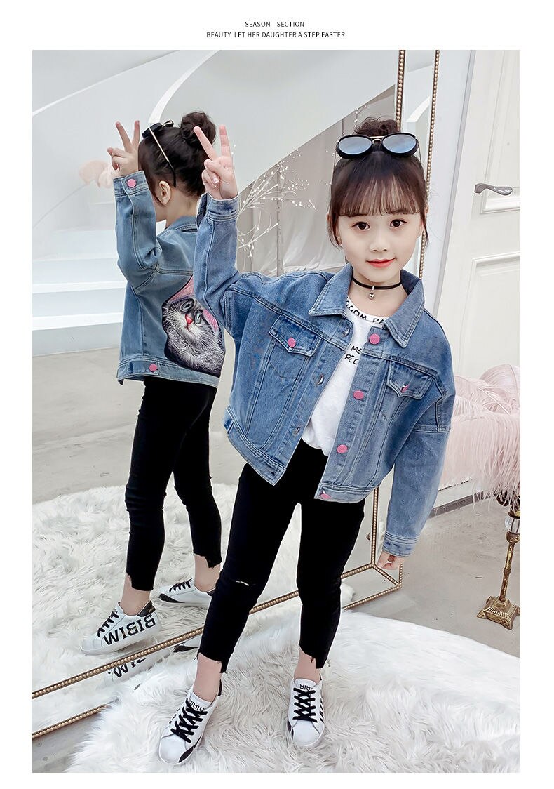 Lente Herfst Meisjes Denim Jas Kinderen Student Denim Top Baby Casual Jas Cartoon Jas Voor Meisje 4 6 8Y